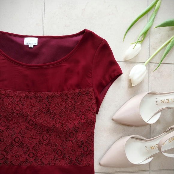 👗 Red Cap Sleeve Lace Chiffon Fit & Flare Dress - Picture 3 of 4